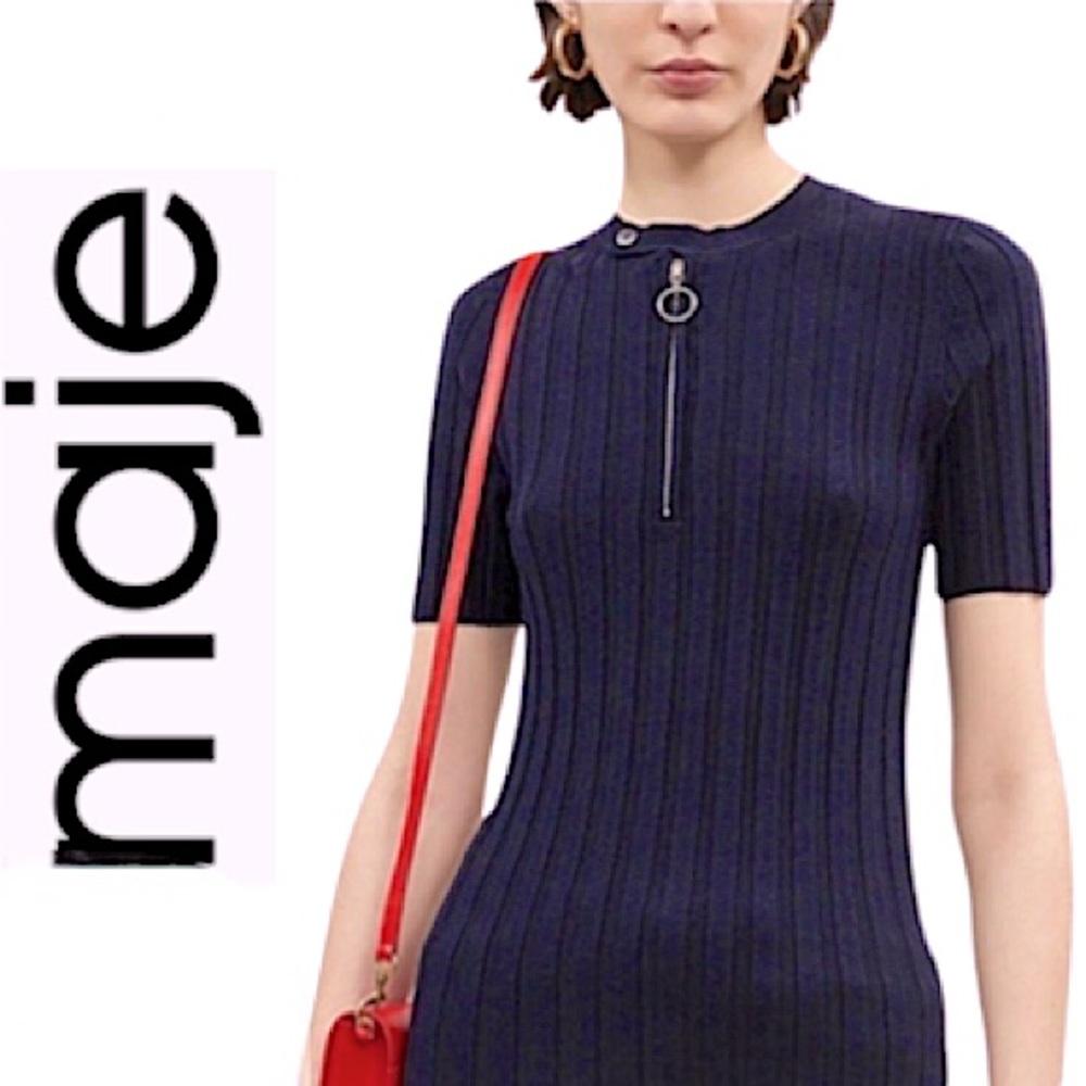 MAJE.EUC.”Morino”.Short Sleeve navy top.Scoop neck w/button & 1/4 zip. 3(Fits M)